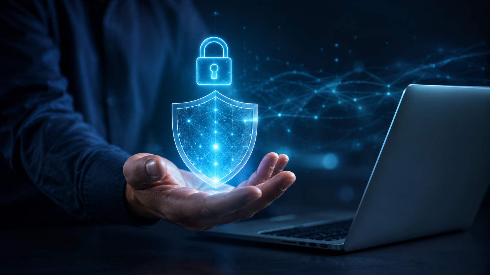 Hailuo AI safety review — glowing security shield protecting a laptop